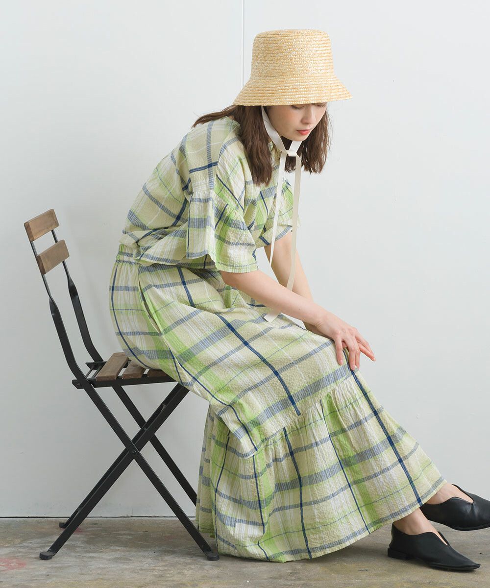 日本女裝代購 - 100%印度棉 超透氣飄逸長裙-大格紋-淺米杏