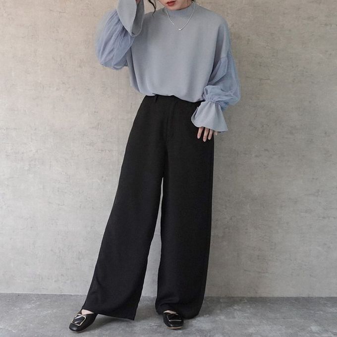 日本女裝代購 - 接觸涼感 腳長效果抗皺休閒寬褲-黑