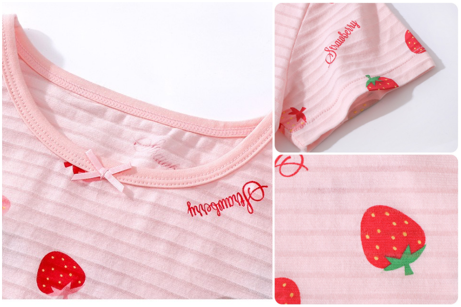 MAMDADKIDS - 竹節棉荷葉袖睡衣/睡裙-大粒草莓-粉色