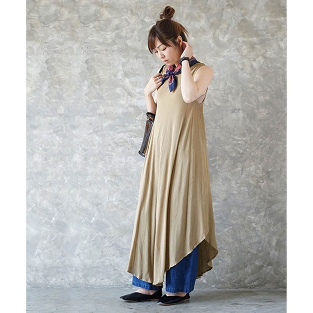 日本 zootie - 嫘縈涼感不規則裙擺無袖洋裝-氣質杏