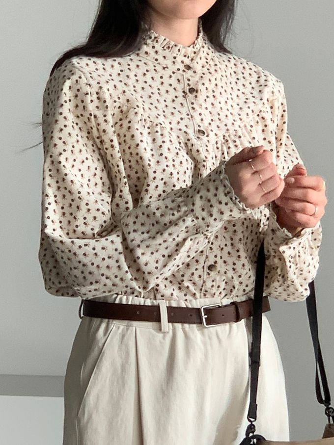 韓國女裝連線 - 滿版小花朵燈芯絨長袖襯衫-米 (FREE)