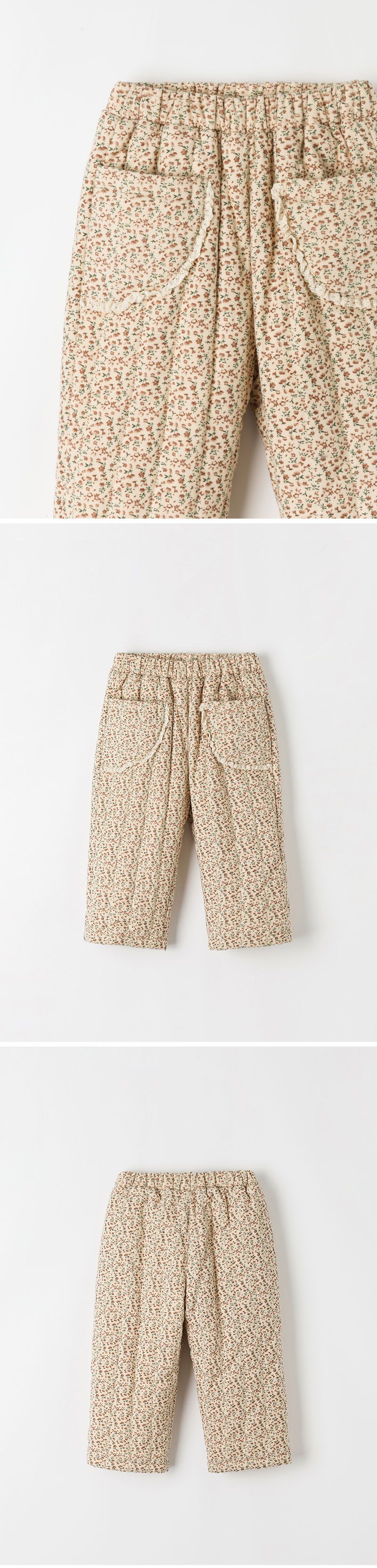 韓國 OZKIZ - 冬季田園小花內磨毛鋪棉長褲-卡其