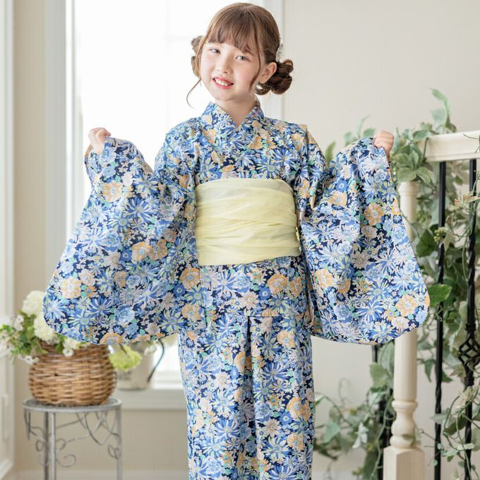 日本 Catherine Cottage - 夢幻2way純棉兵兒帶浴衣(可當洋裝)-滿版花卉-海軍藍