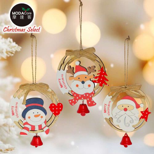 MODACore 摩達客 - 摩達客耶誕-可愛圓形木質彩繪(單面)吊飾-聖誕老公公+雪人+麋鹿(一組3入)