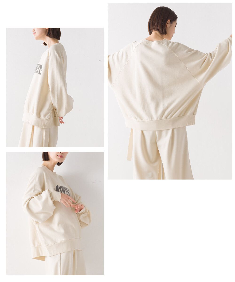 日本 OMNES - 100棉 圓領寬鬆長袖大學T-英文LOGO-淺米杏