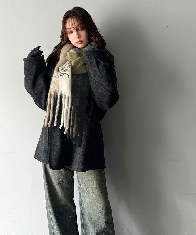 日本 Classical Elf - 蓬鬆份量感logo刺繡流蘇圍巾-藍色系