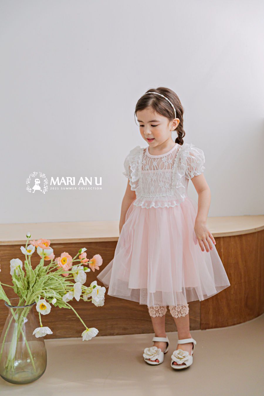 韓國 mari an u - 蕾絲透膚上衣拼接網紗洋裝-粉紅