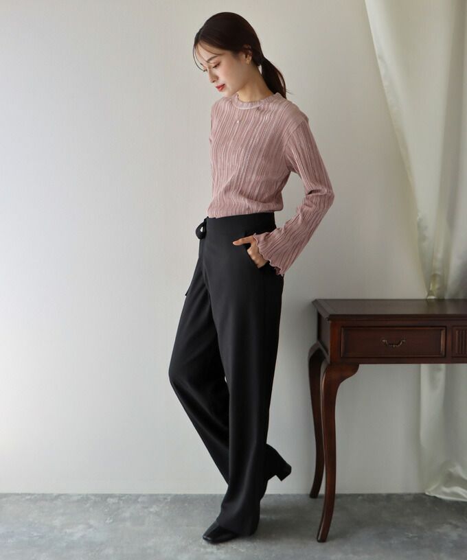 日本 BLUE EAST - 綁帶裝飾垂墜西裝長褲-軍綠