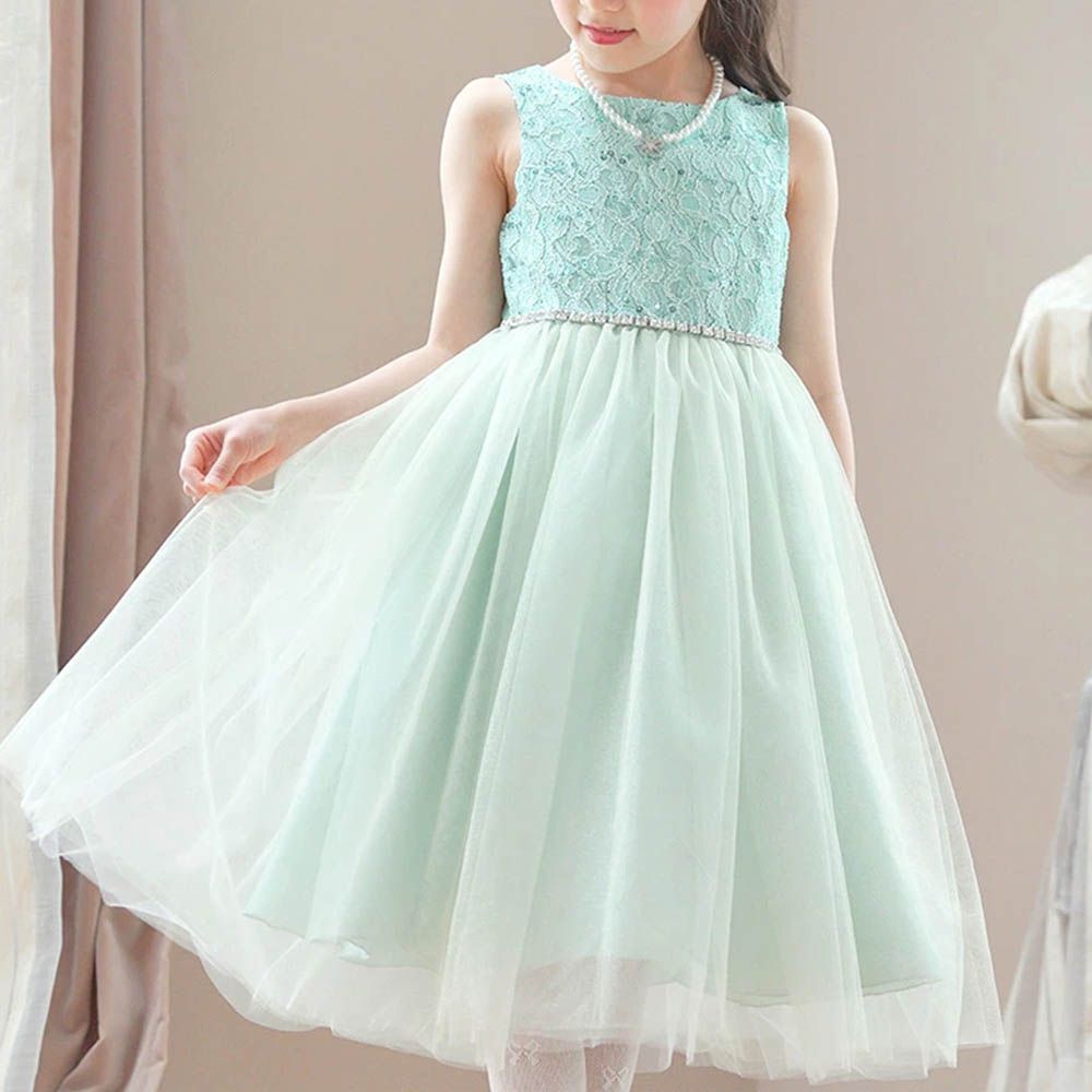 腰鑽飾前蕾絲後緞面洋裝/小禮服-薄荷綠