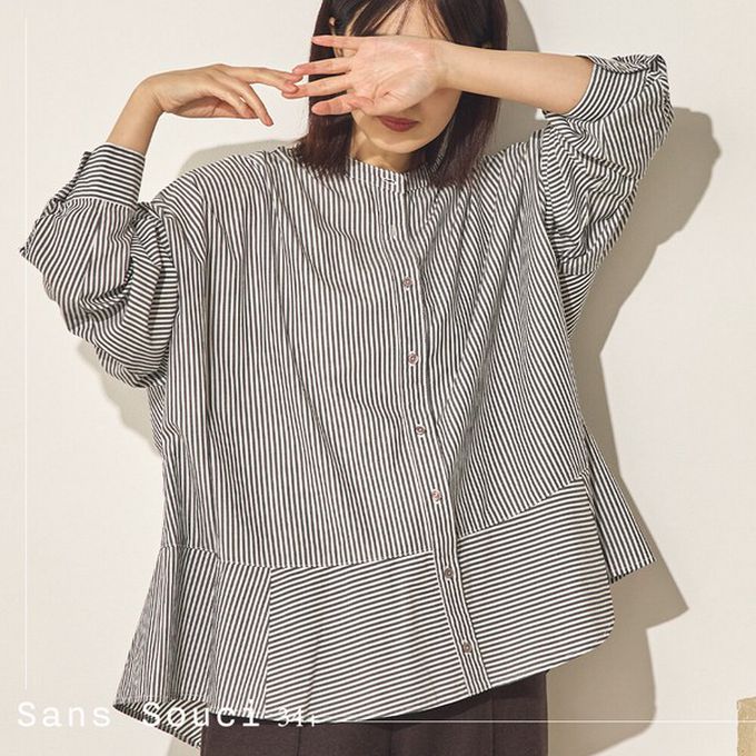 日本 Sans Souci 34+ - 純棉輕盈喇叭型下擺長袖襯衫-條紋-深藍