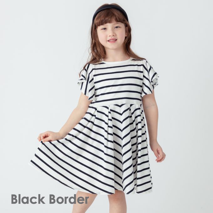 日本 evercloset - 波浪荷葉短袖浪漫洋裝-黑白條紋
