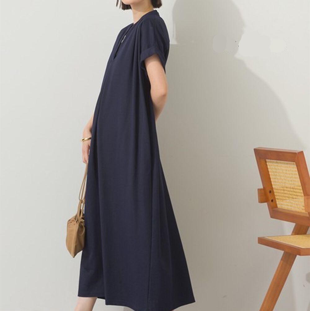 接觸涼感 V領打褶俐落短袖洋裝-海軍藍