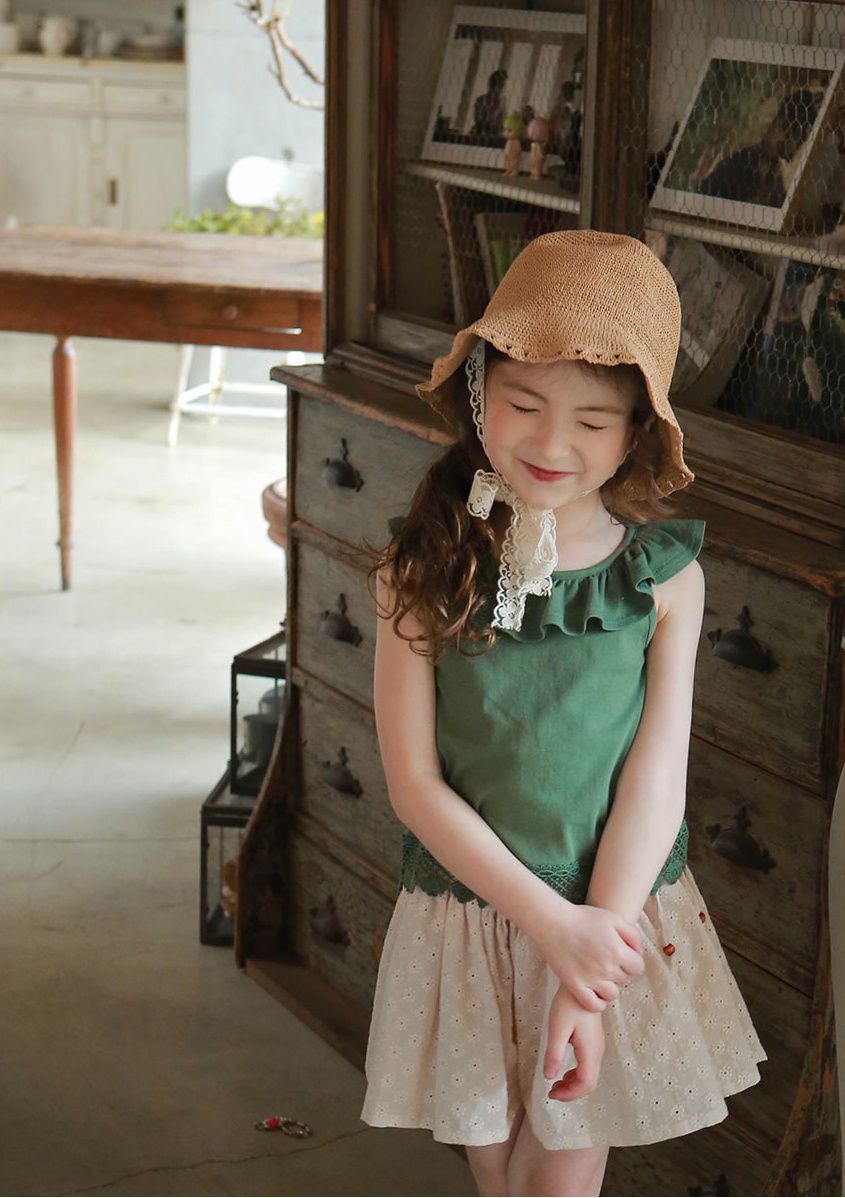 韓國 PuellaFLO - 荷葉圓領菱格鏤空露背上衣-綠