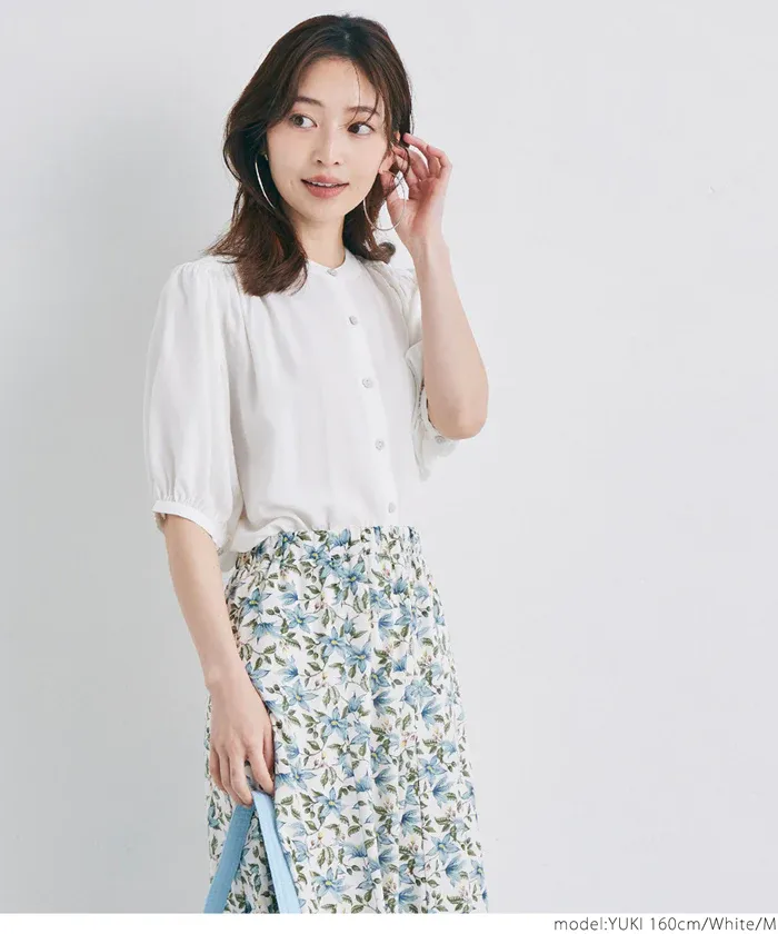 日本 COCA - 質感圓領泡泡短袖雪紡襯衫-白