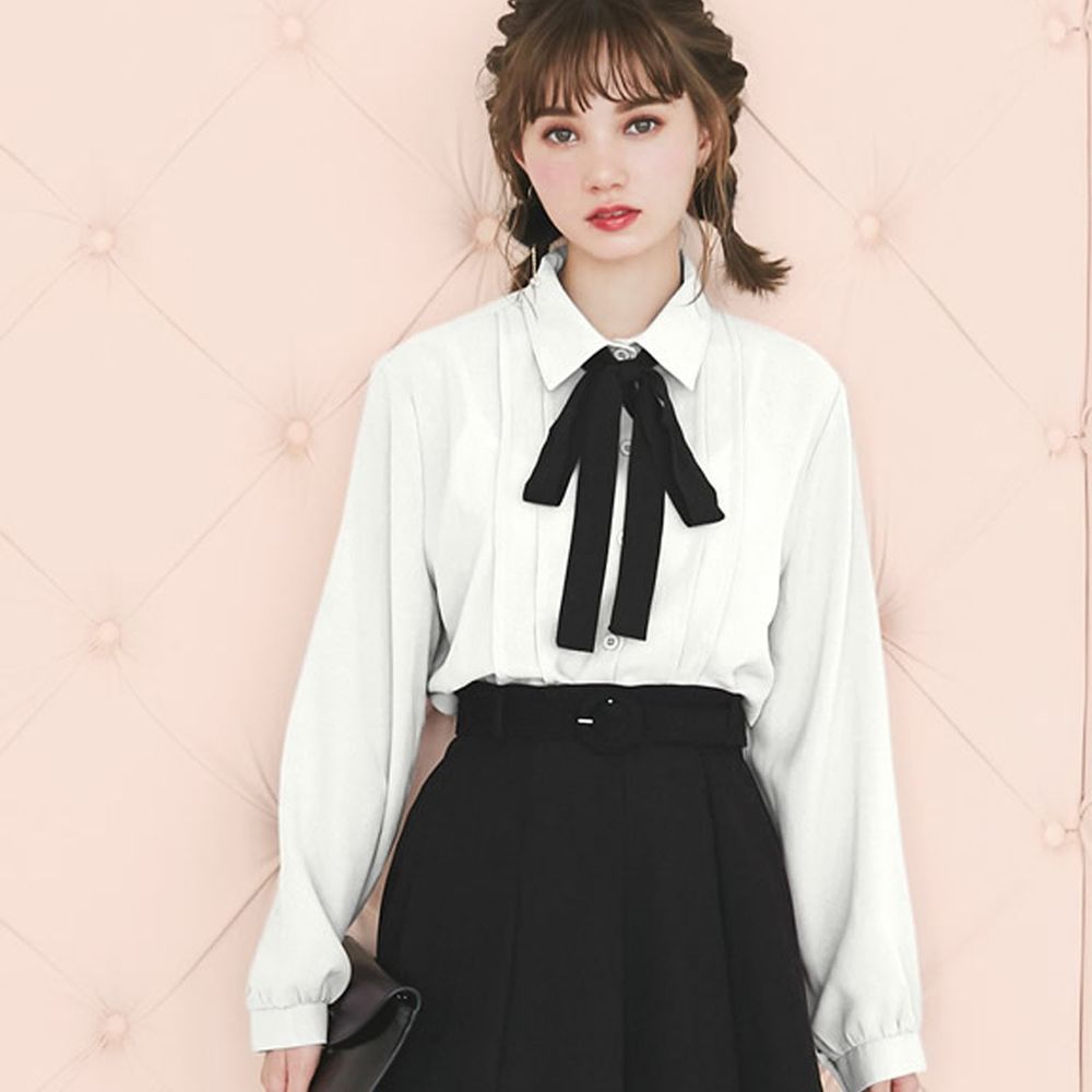 日本 GRL - 大黑蝴蝶結綁帶雪紡長袖襯衫-白