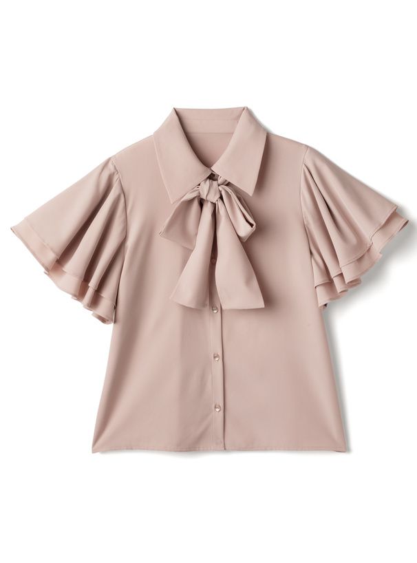 日本 GRL - 氣質蝴蝶結雙層袖雪紡上衣-淺橘粉