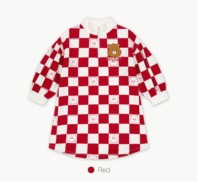韓國 Care Bears - 聯名款方塊格印內刷毛連身洋裝-紅X白