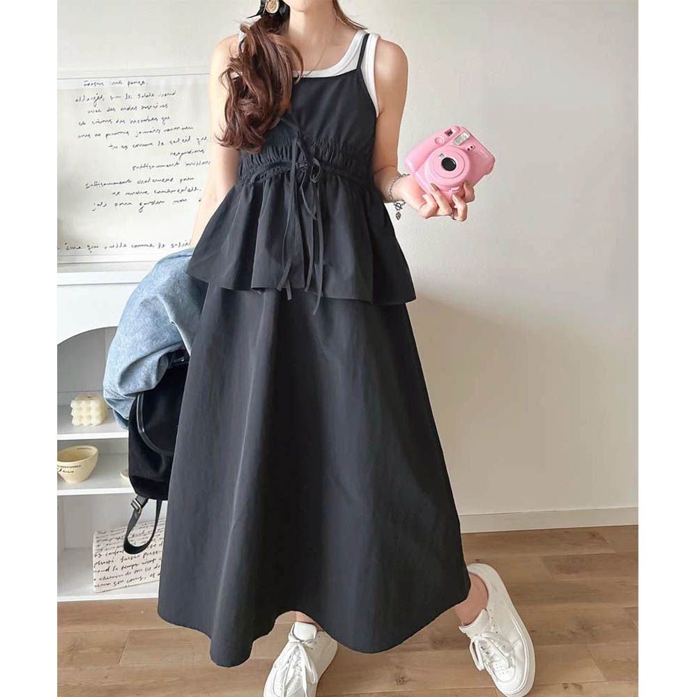 假二件可愛皺摺荷葉吊帶洋裝-黑