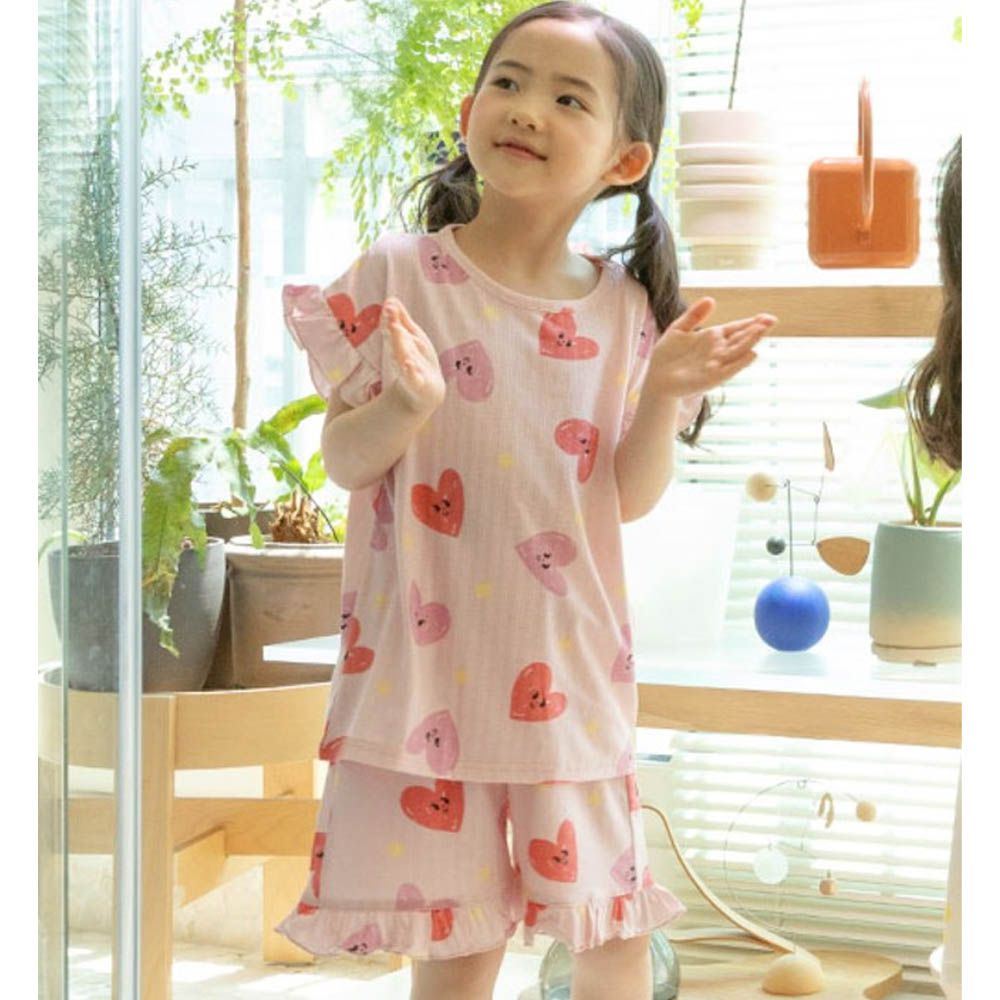 舒柔嫘縈羅紋短袖家居服-星星愛心-粉