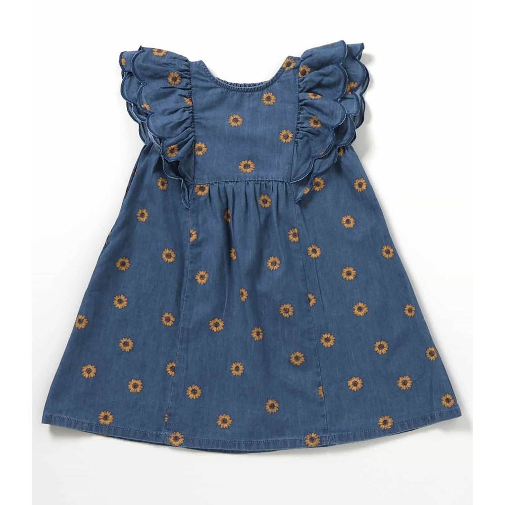 層次荷葉邊夏日印花短袖洋裝-向日葵-丹寧藍