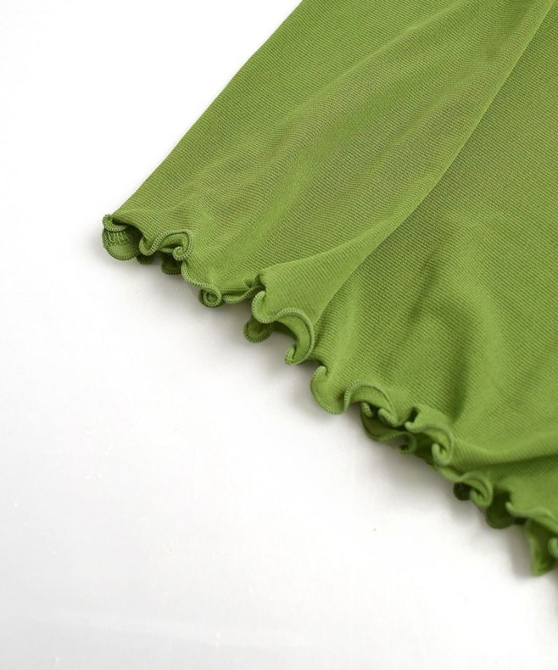 日本 zootie - 透膚木耳立領薄長袖上衣/內搭-抹茶綠