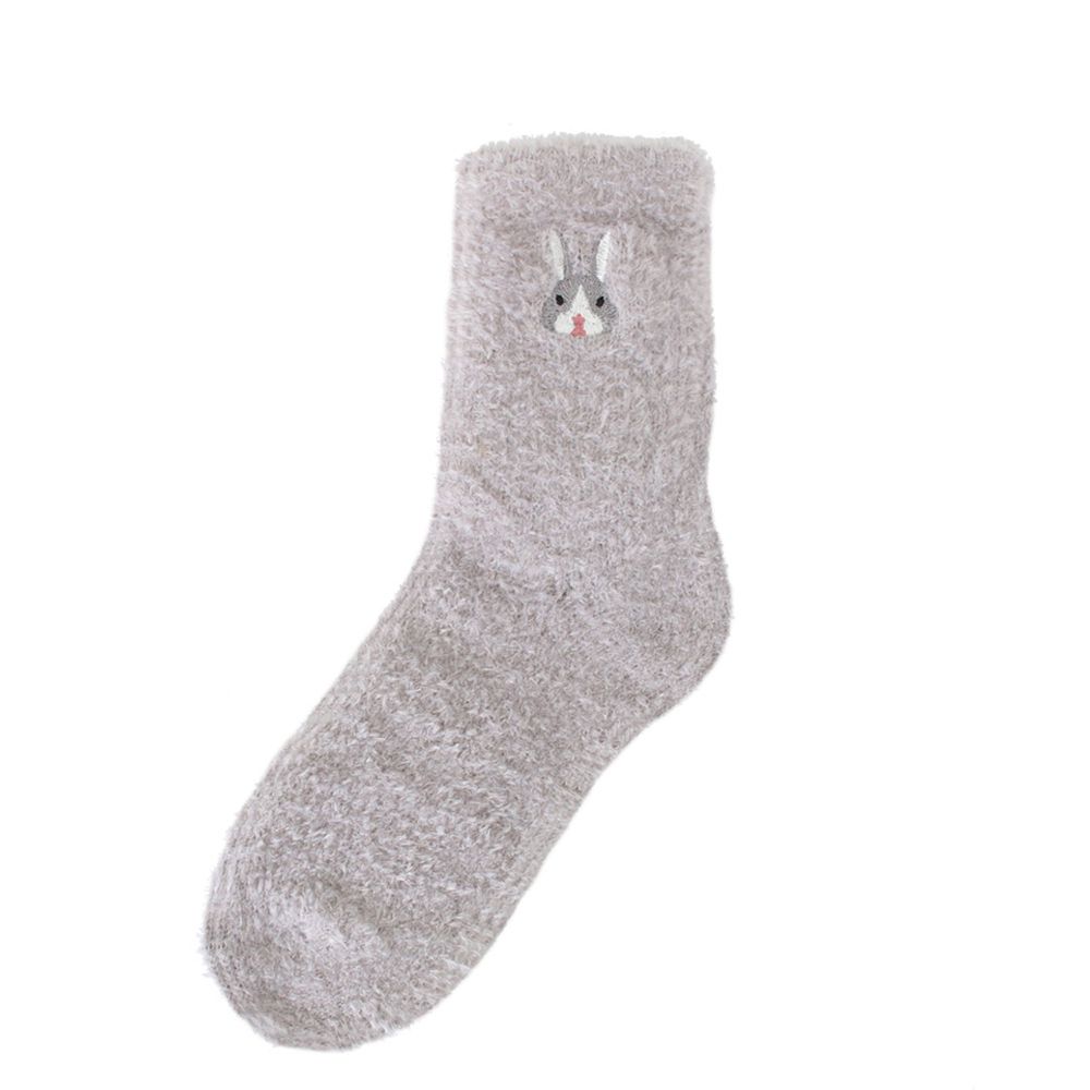 日本 TOMO - 可愛動物刺繡毛絨保暖襪-兔兔-淺灰 (22-25cm)