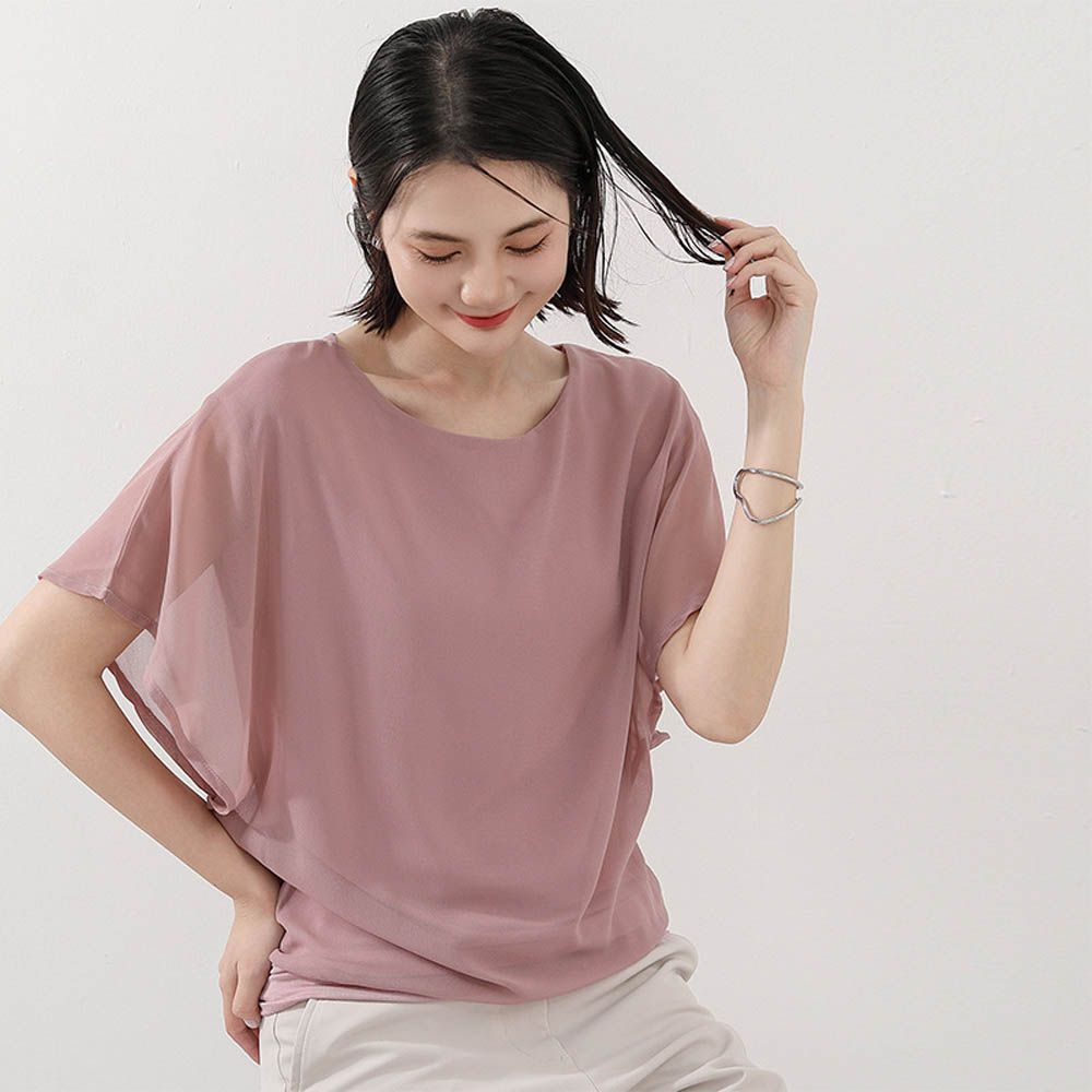 氣質雪紡透膚荷葉袖上衣-藕紫