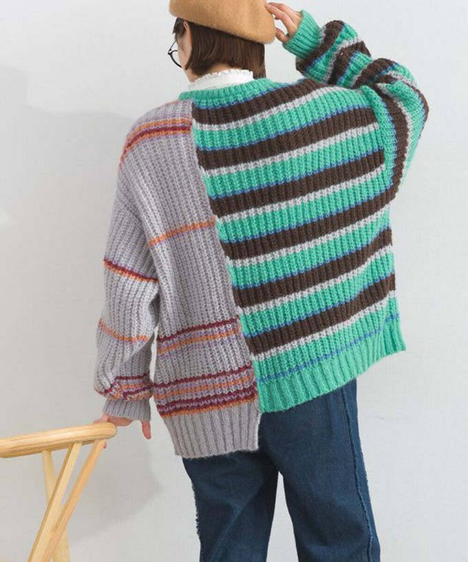 日本 Lupilien - 交錯明亮撞色條紋粗編毛衣-綠x灰系