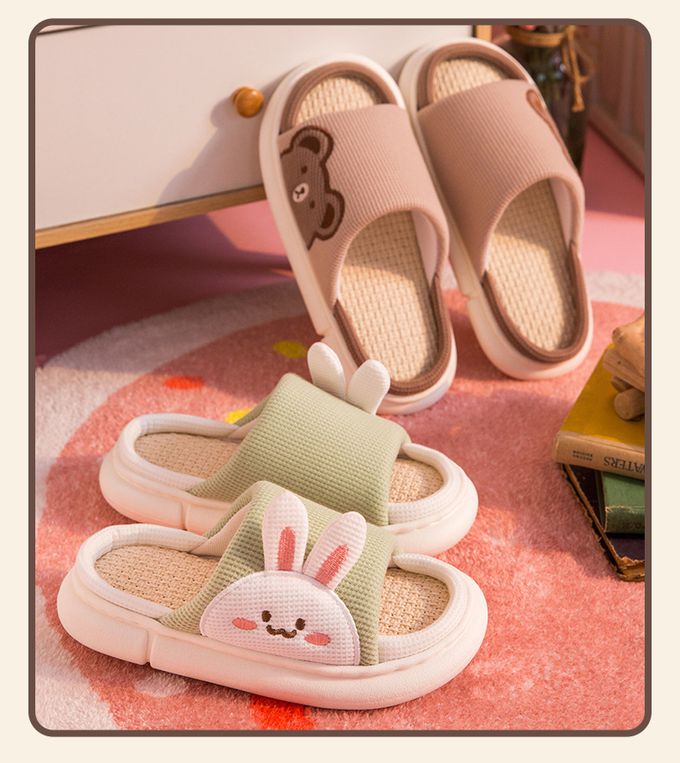 厚底海綿感亞麻室內拖鞋-熊熊-藍色