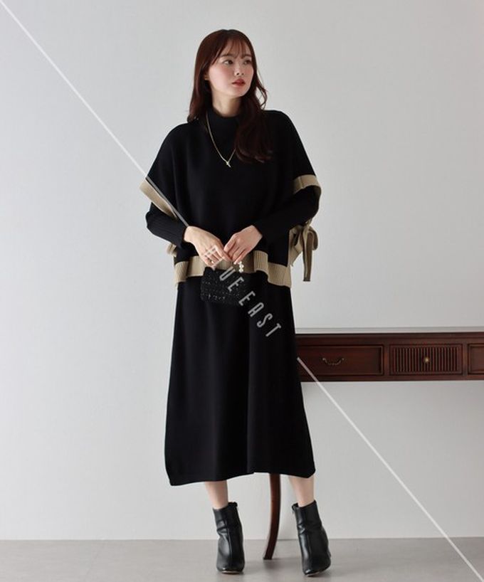日本 BLUE EAST - [經典款]氣質針織斗篷綁帶長袖洋裝2件組-黑x杏