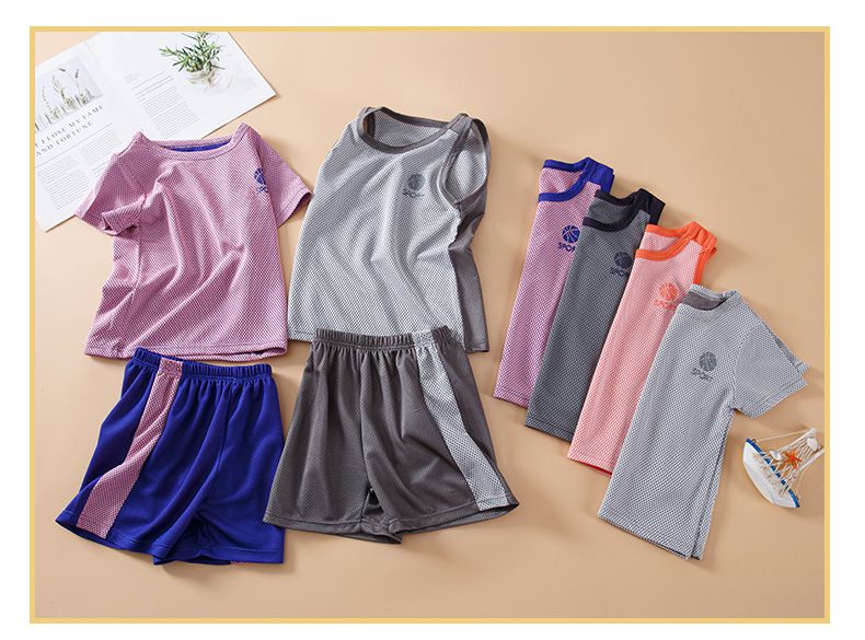 兒童速乾網眼短袖運動套裝-Sport籃球-淺灰色