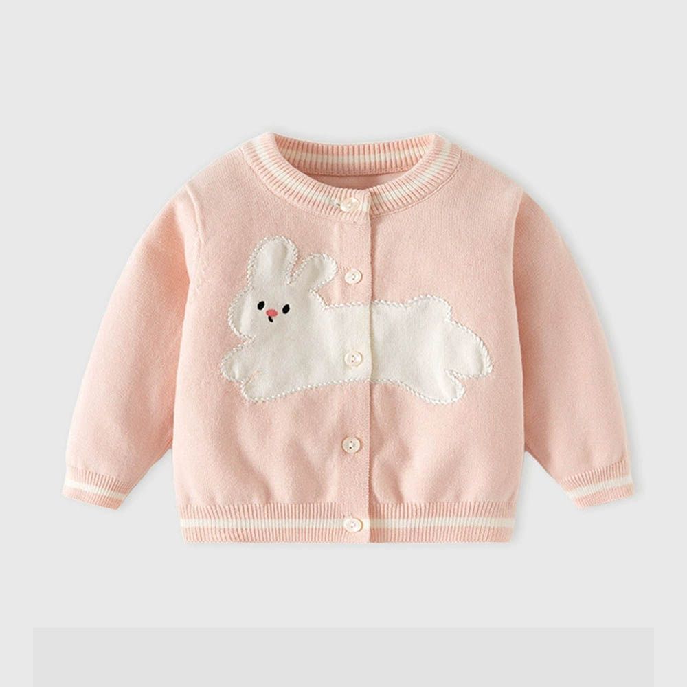 舒適圓領針織排釦外套-可愛兔兔-粉色
