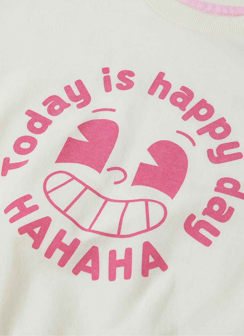 韓國 OZKIZ - HAHA笑臉休閒長袖寬褲套裝-米X粉