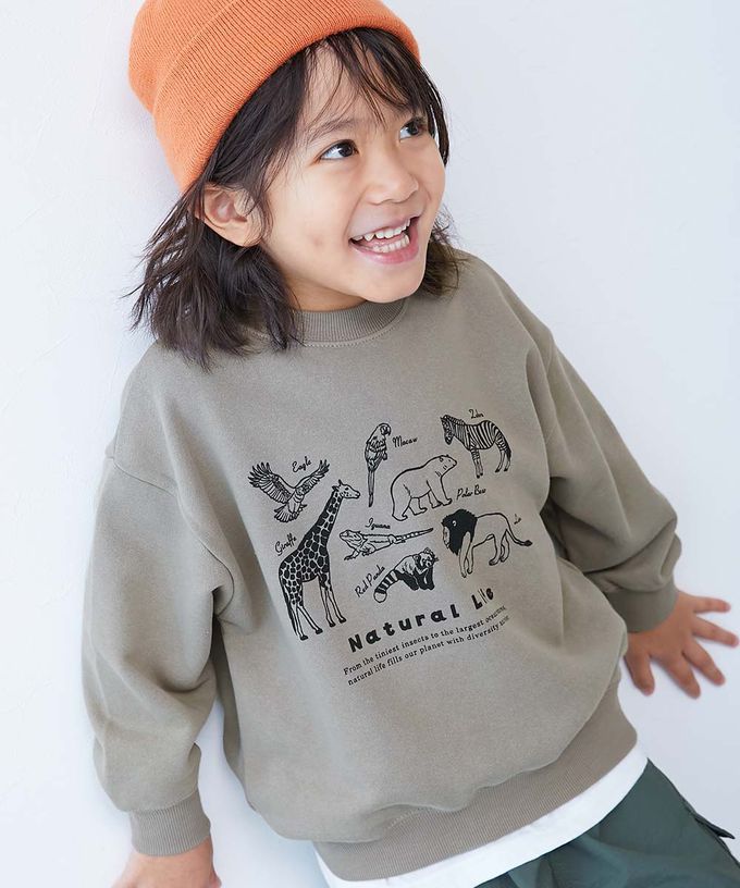 日本 devirock - 熱銷定番 印花縮口長袖上衣-動物們-灰杏