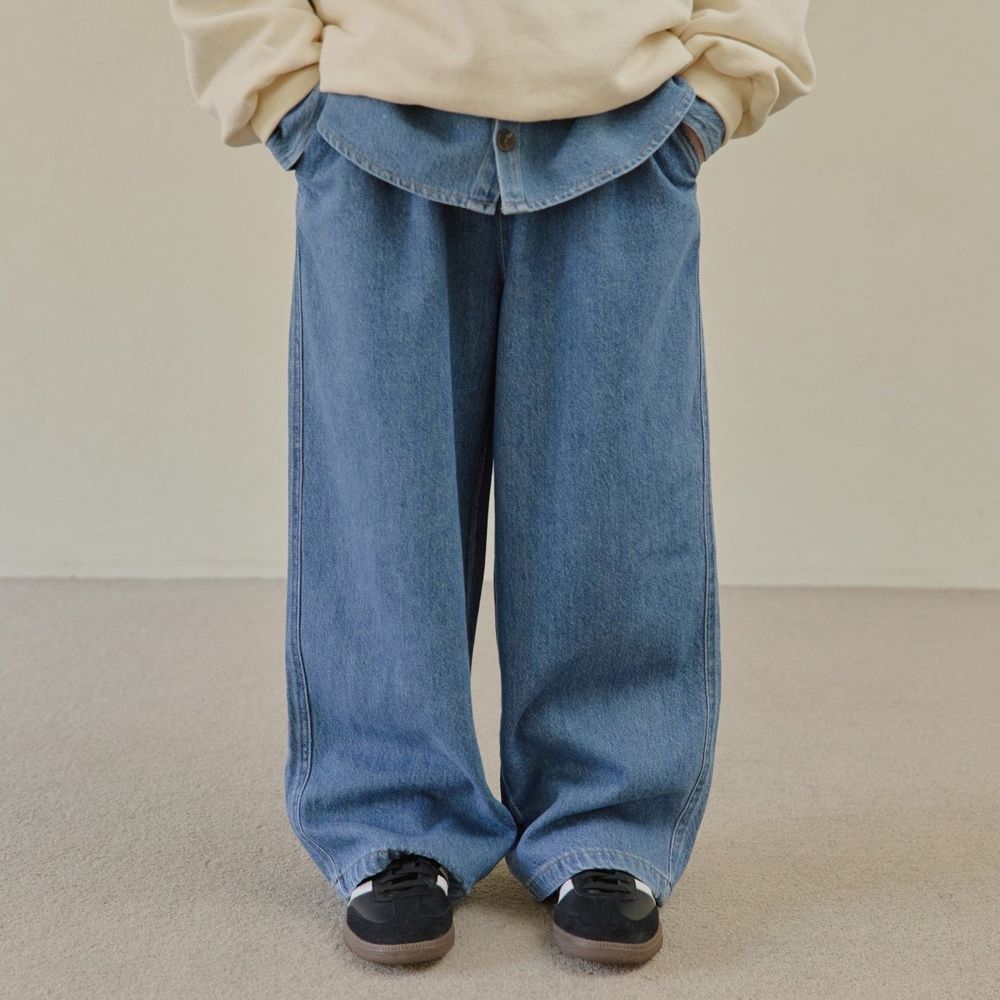 HIKIKI 鬆緊腰質感立體廓形牛仔褲-中青