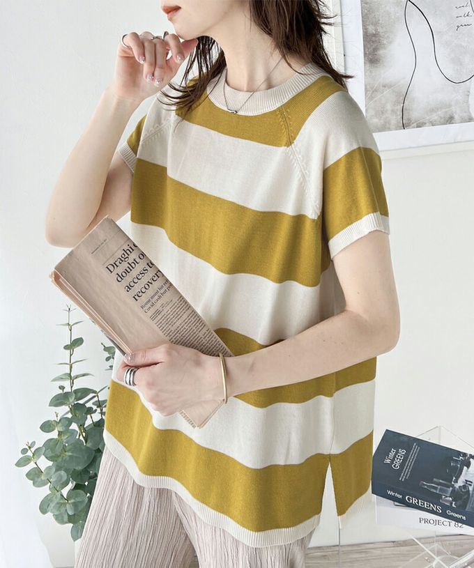 日本 Classical Elf - 定番條紋2way亨利領短袖上衣-黑白