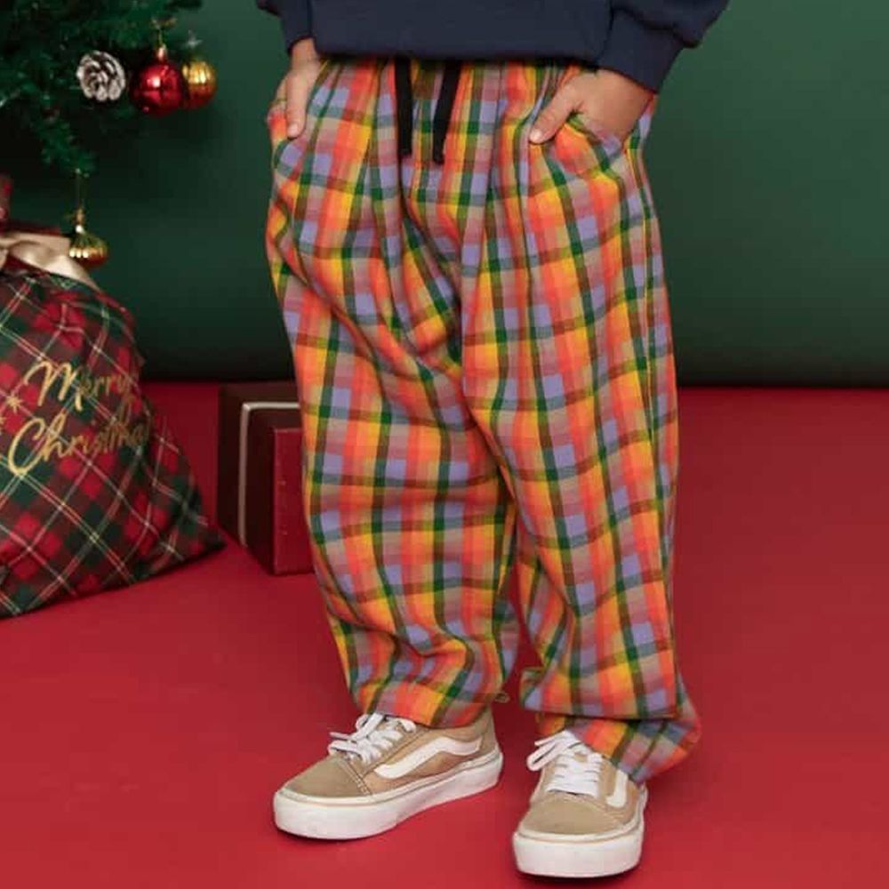 [聖誕限定]純棉夢幻格紋寬版長褲-繽紛橘