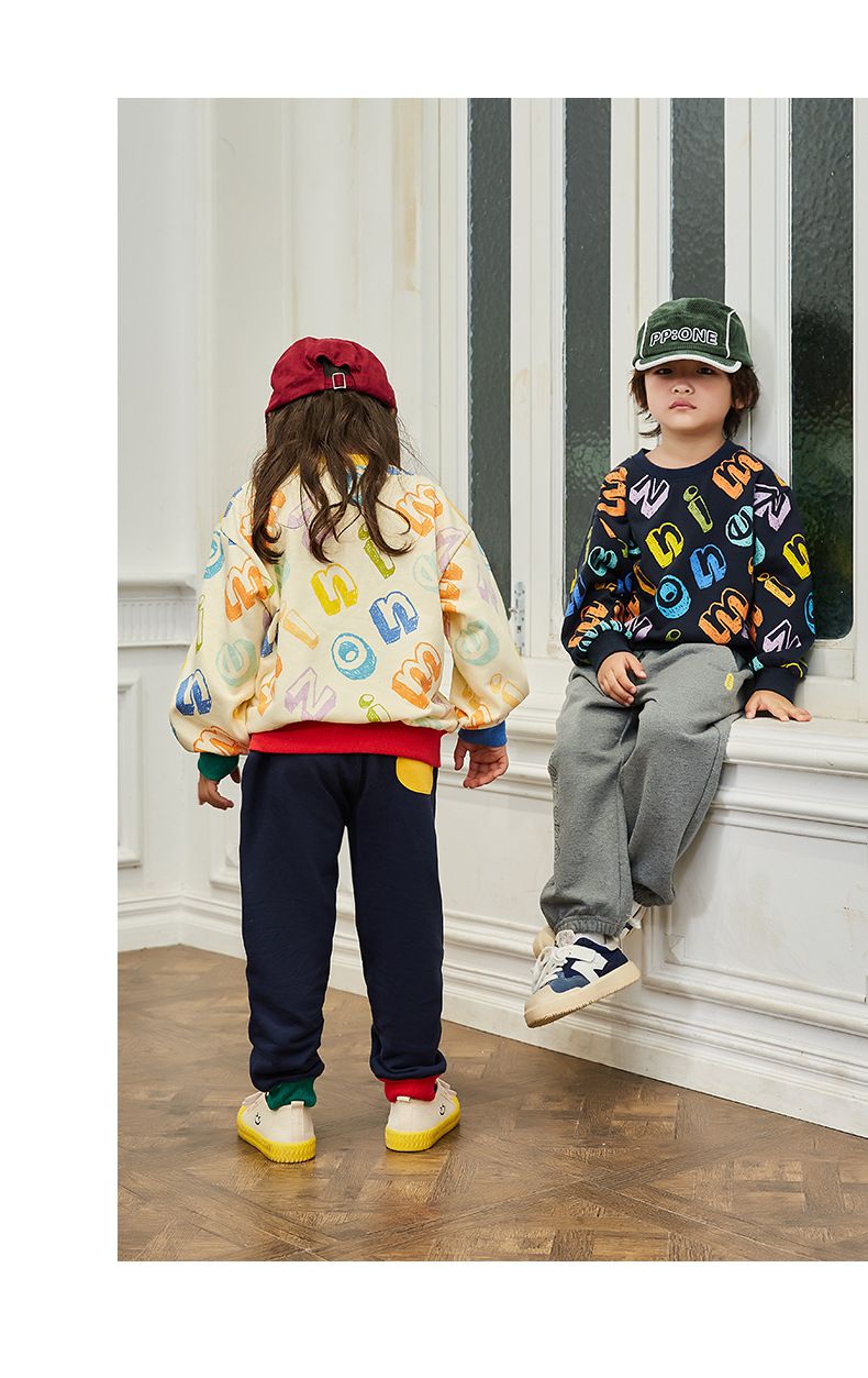 Minizone - 圓領長袖上衣-蠟筆字母-深藍色