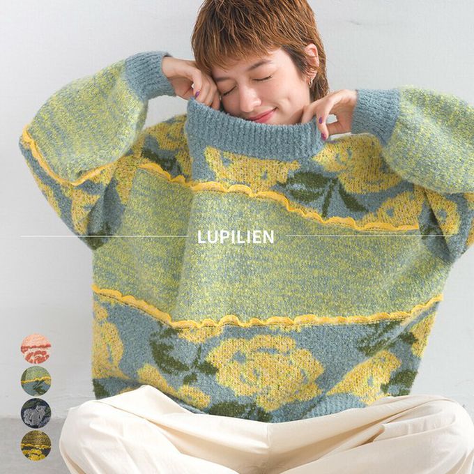 日本 Lupilien - 毛茸感華麗大花朵針織上衣-海軍藍