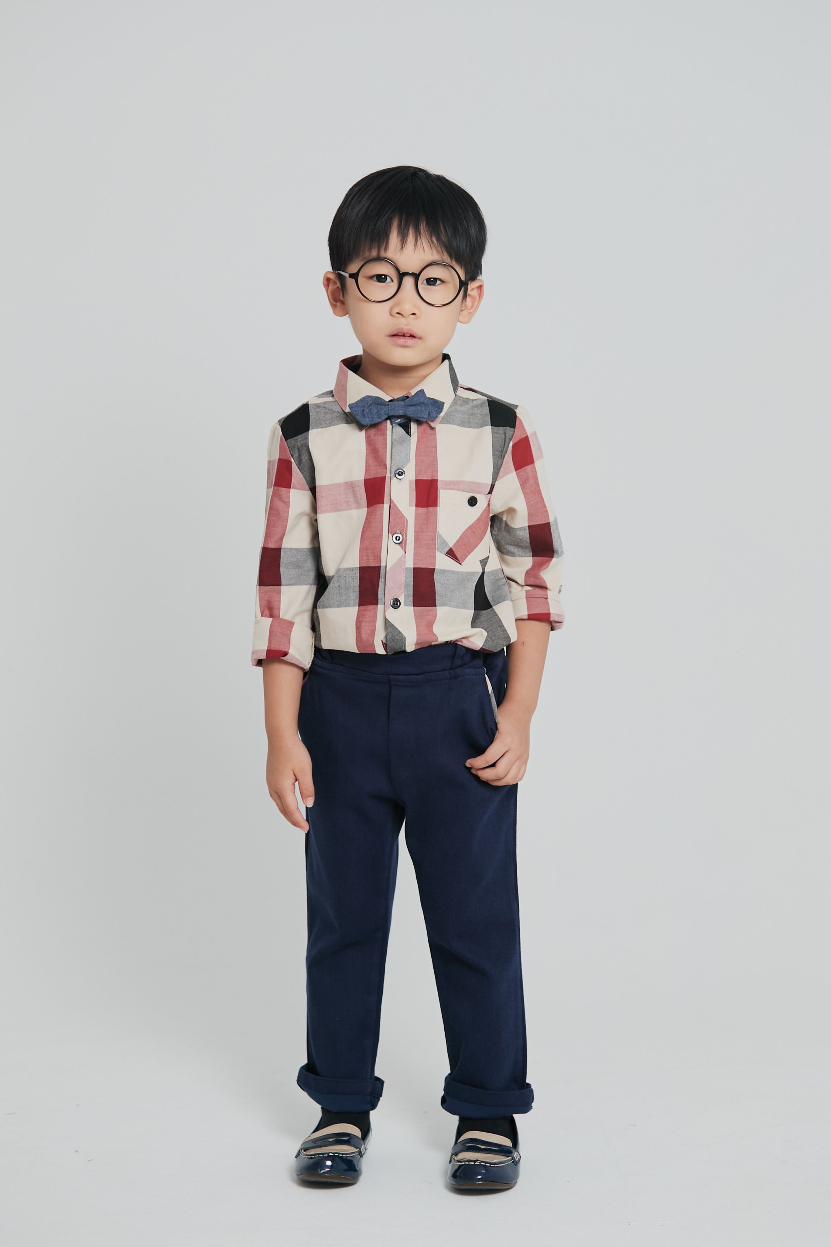 韓國 Coco Bang - 英式雙色格紋翻領長袖襯衫-淺卡其