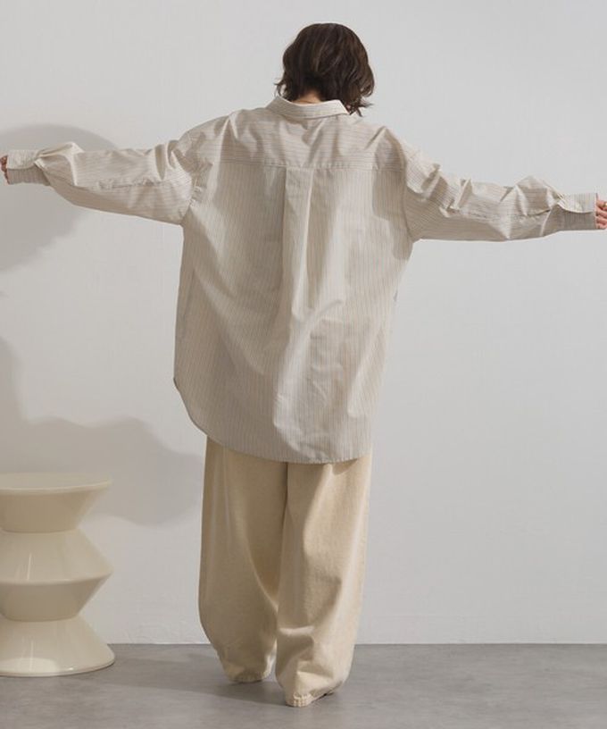 日本 ELENCARE DUE - 2way穿法俐落條紋寬版襯衫-卡其