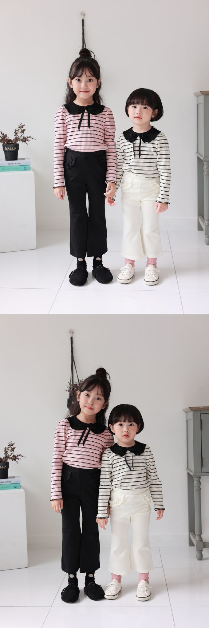 韓國 Dalla - 荷葉裝飾領橫紋彈性長袖上衣-粉X黑