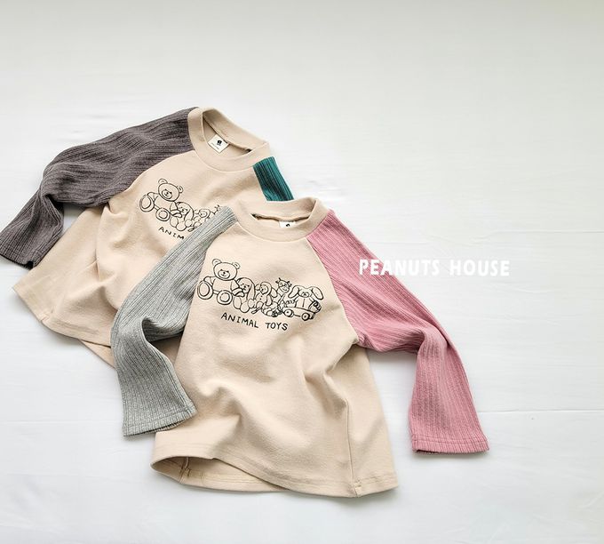 韓國 Peanuts House - 動物玩具印拉絨長袖上衣-灰咖X綠