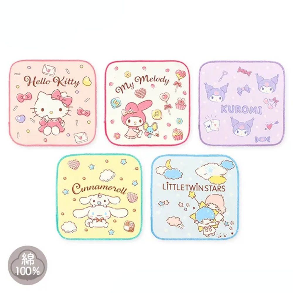 純棉上學擦手巾/手帕(5入組)-卡通人物三麗鷗-角色大集合 (16×16cm)