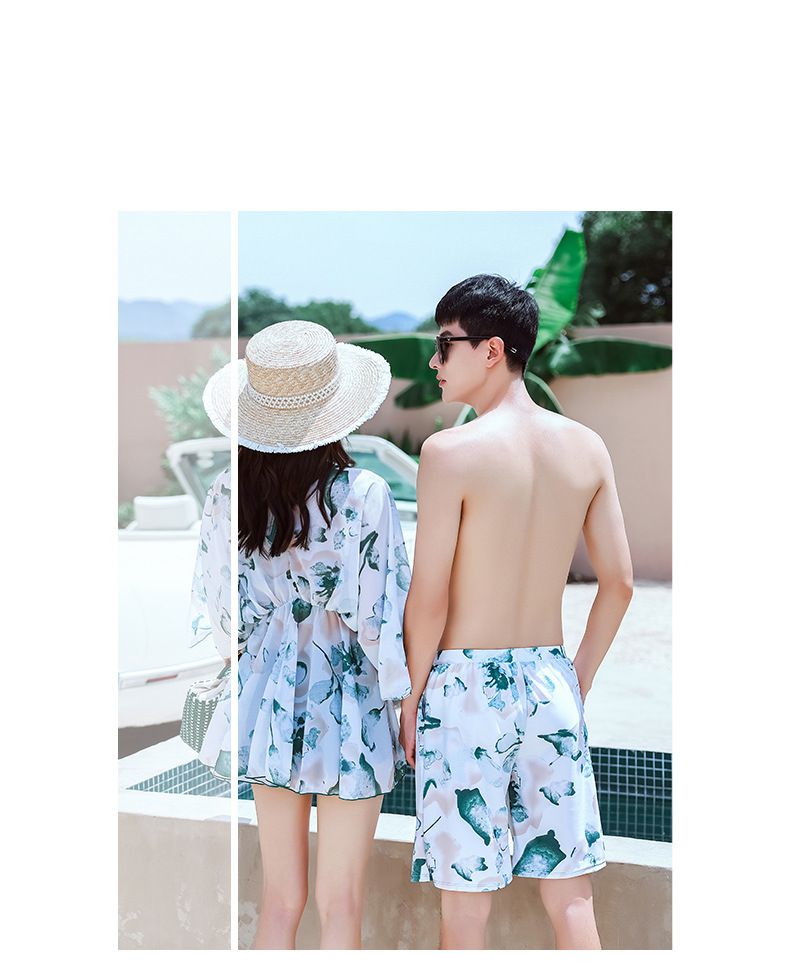 男士泳褲-潑墨葉片-綠+白-直播專屬