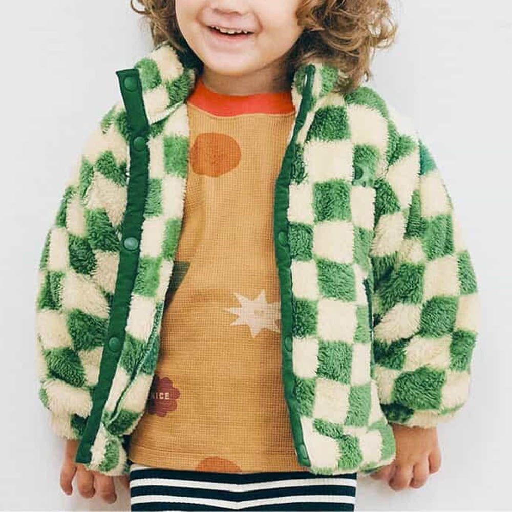 繽紛感印花絨毛保暖外套-格子-綠X白