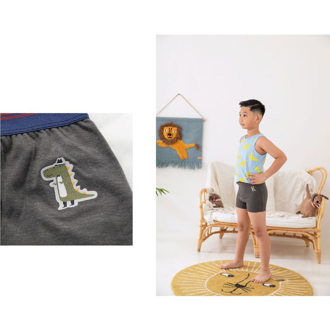 貝柔 Peilou - 天絲棉舒膚平衡童男四角褲-貼布繡-3件組-鯊魚+鱷魚+小狗-黑+灰+藍