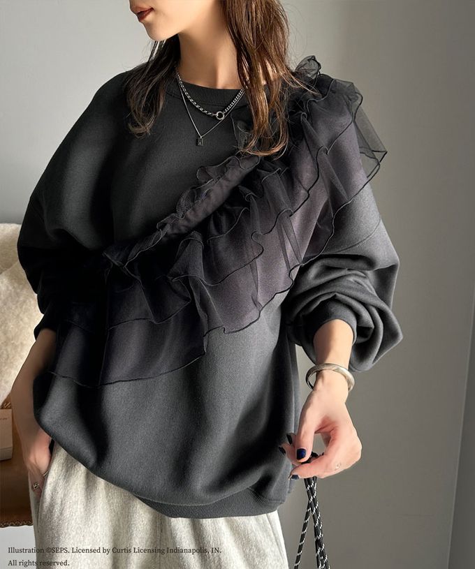 日本 Classical Elf - 設計師聯名 2WAY印花裏毛上衣-三重自畫像-炭灰