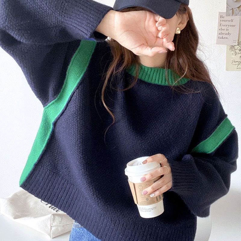 日本 Classical Elf - 撞色拼接寬鬆落肩毛衣-黑x杏