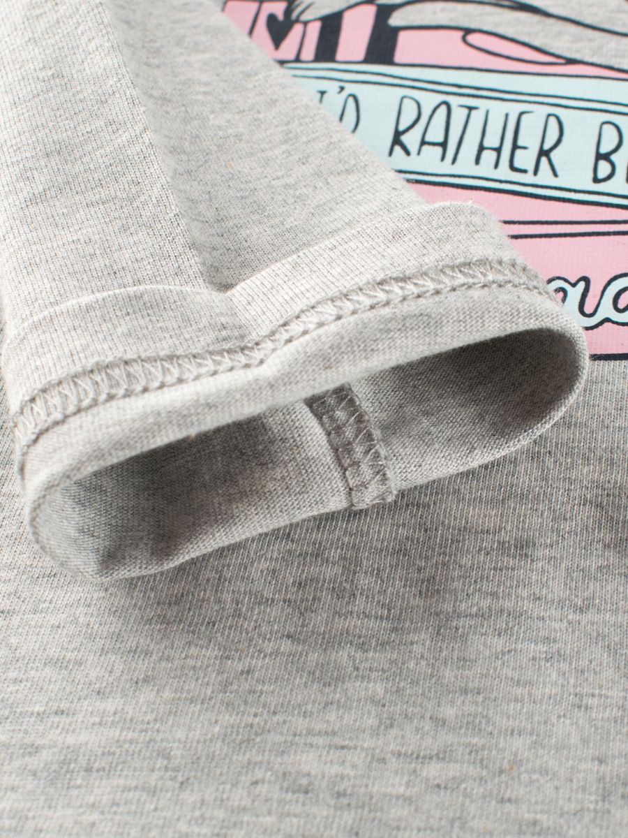 純棉圓領薄長袖上衣-貓貓與書-灰色